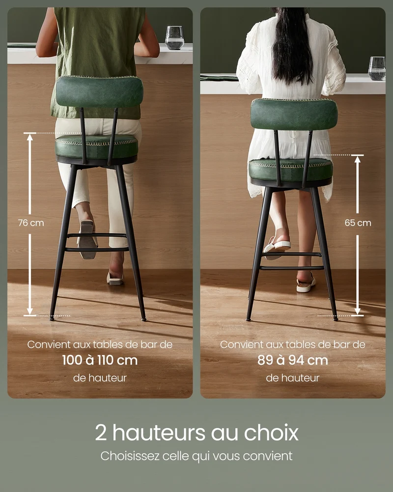 Lot de 2 tabourets de bar design moderne 57 x 57 x 101 cm confort assise ergonomique en acier vert forêt 12_0011124
