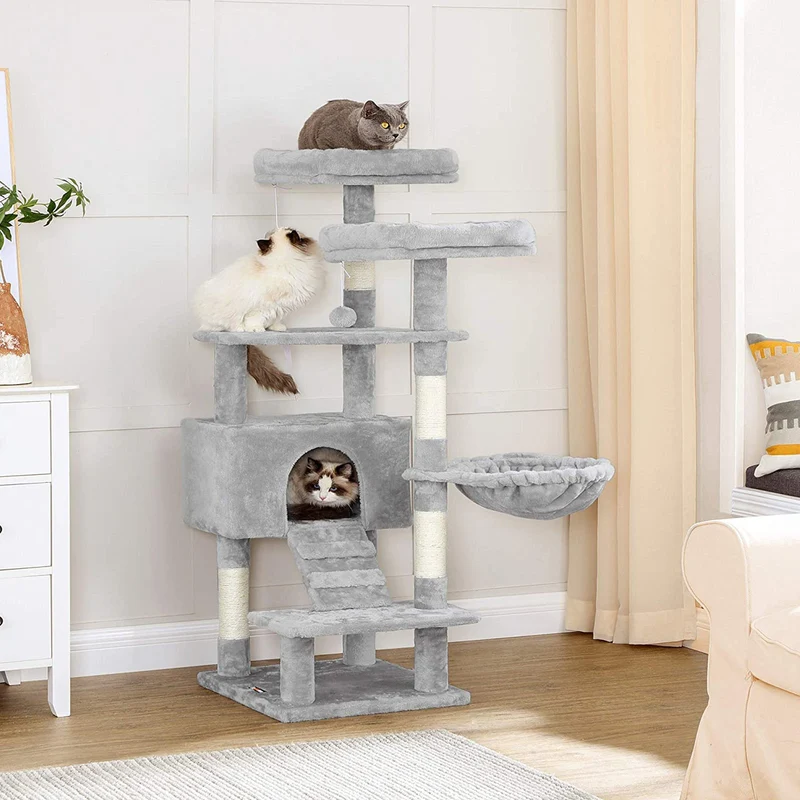 Arbre à chat tour de jeux avec hamac et plateformes 50 x 45 x 142 cm ambiance cosy en aggloméré gris clair 12_0010649