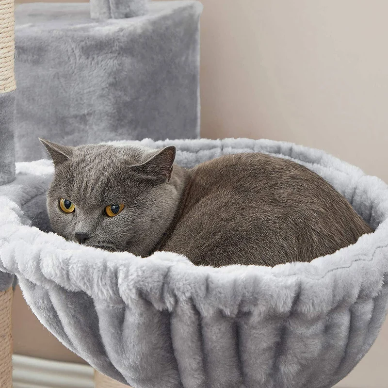 Arbre à chat tour de jeux avec hamac et plateformes 50 x 45 x 142 cm ambiance cosy en aggloméré gris clair 12_0010649