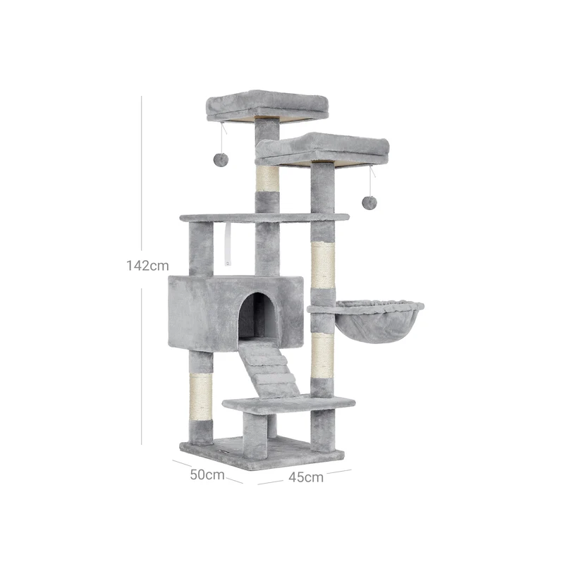 Arbre à chat tour de jeux avec hamac et plateformes 50 x 45 x 142 cm ambiance cosy en aggloméré gris clair 12_0010649