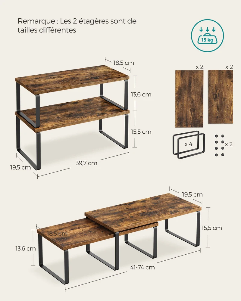 Lot de 4 étagères de cuisine empilables rangement placard 19,5 x 39,7 x 15,5 cm en métal noir 12_0010296