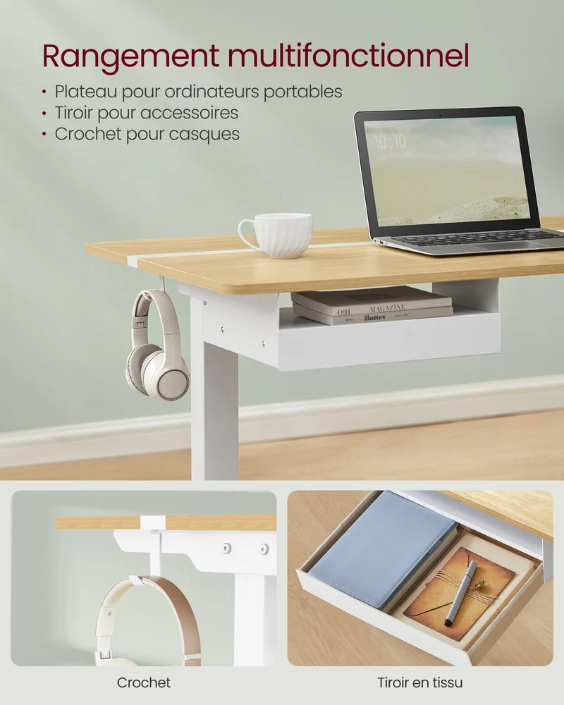 Bureau assis-debout réglable hauteur 60 x 120 cm fonction mémoire 4 positions design rustique en aggloméré chêne 12_0010087