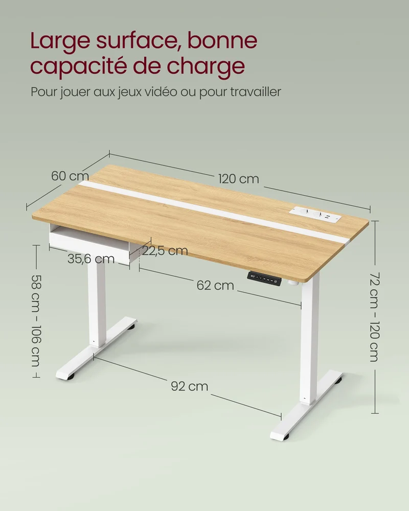 Bureau assis-debout réglable hauteur 60 x 120 cm fonction mémoire 4 positions design rustique en aggloméré chêne 12_0010087