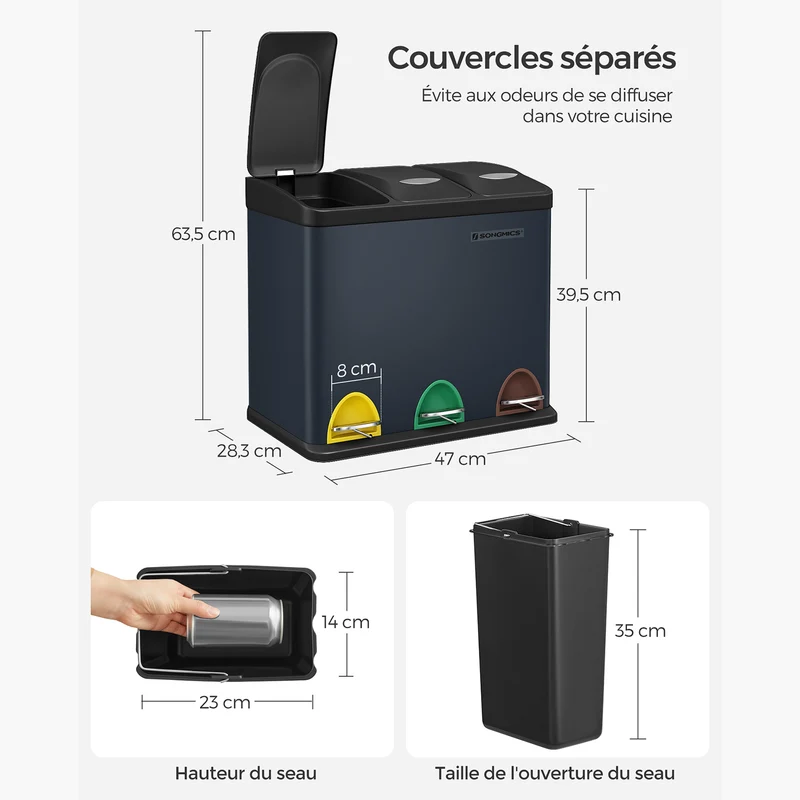 Poubelle de cuisine tri sélectif avec 3 compartiments 46,5 x 29,5 x 65 cm mécanisme silencieux design moderne en acier gris 12_0008634