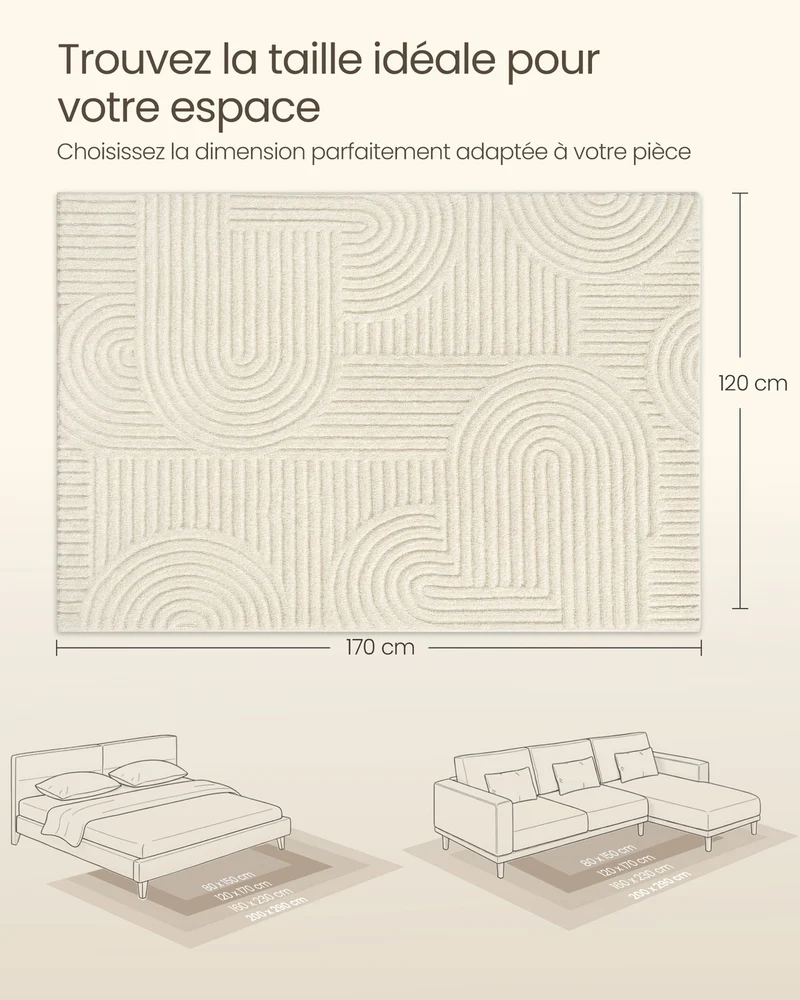 Tapis de salon géométrique relief 3D 170 x 120 x 1 cm lavable antidérapant ambiance cosy en polyester blanc crème 12_0013077