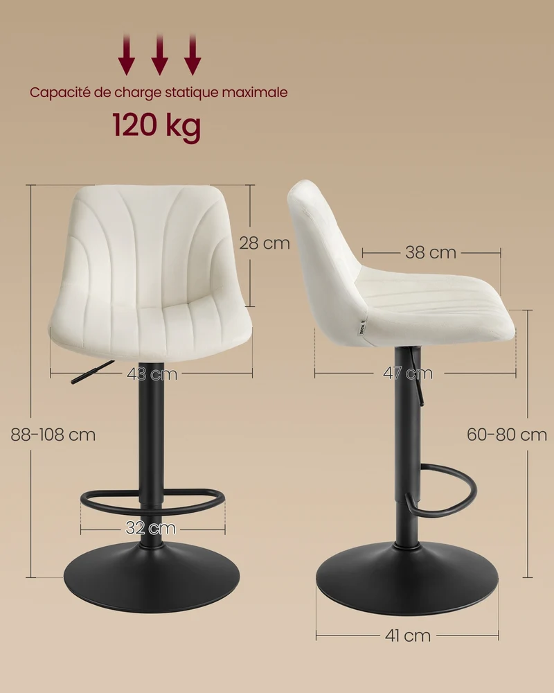 Lot de 4 tabourets de bar avec dossier réglable hauteur 46,5 x 43 x 108 cm assise ergonomique style moderne en velours blanc crème 12_0013001