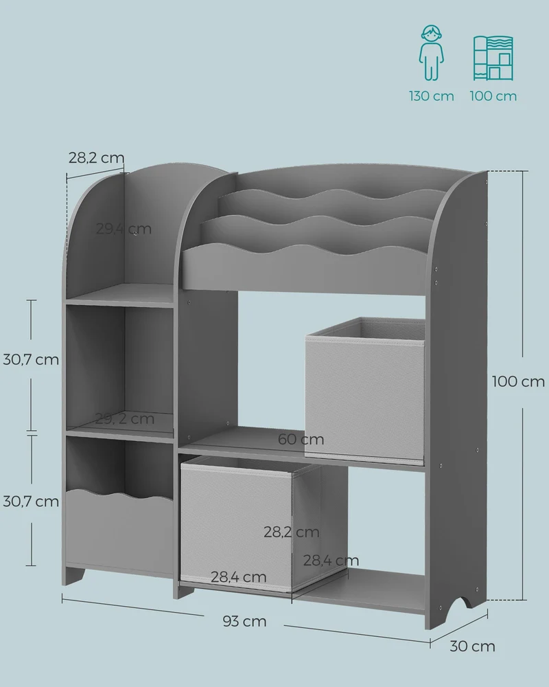 Étagère de rangement pour enfants bibliothèque 30 x 93 x 100 cm avec 2 boîtes de rangement ambiance cosy en panneau d'aggloméré gris tourterelle 12_0011691