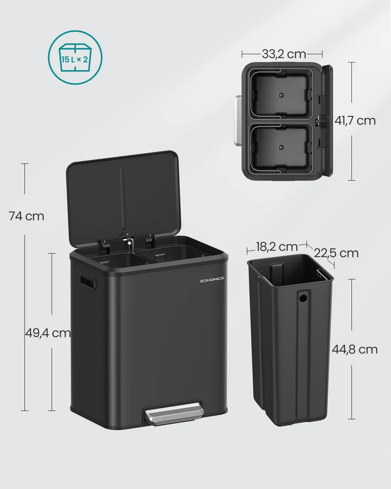 Poubelle de cuisine double 2 x 15 L pour recyclage intérieur 41,7 x 33,2 x 49,4 cm en acier noir 12_0011465