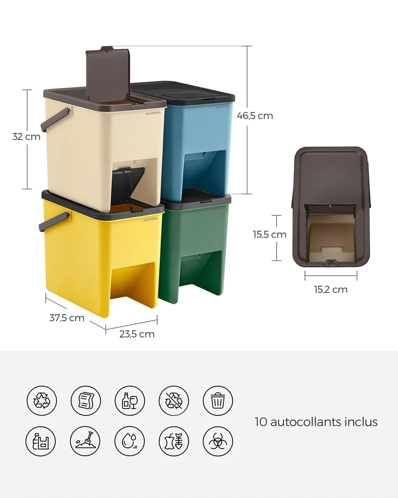 Lot de 4 poubelles de tri empilables cuisine 37,5 x 23,5 x 32 cm avec couvercles à ouverture pression en plastique jaune 12_0011114