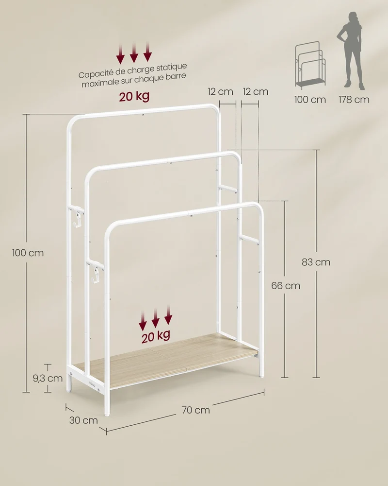 Porte serviette sur pied 70 x 30 x 100 cm avec 3 barres et 2 crochets design épuré salle de bain en métal blanc 12_0011094
