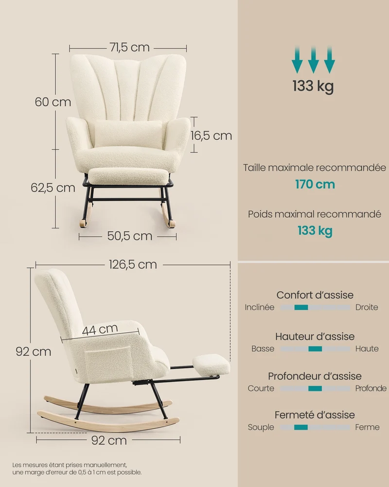 Fauteuil à bascule avec repose-pieds escamotable 92 x 71,5 x 92 cm confort optimal style moderne en bois blanc crème 12_0013205