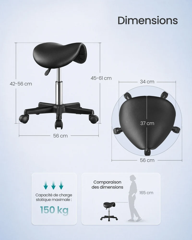 Tabouret ergonomique à roulettes réglable hauteur 56 x 56 x 61 cm assise confortable style contemporain en cuir noir 12_0013067