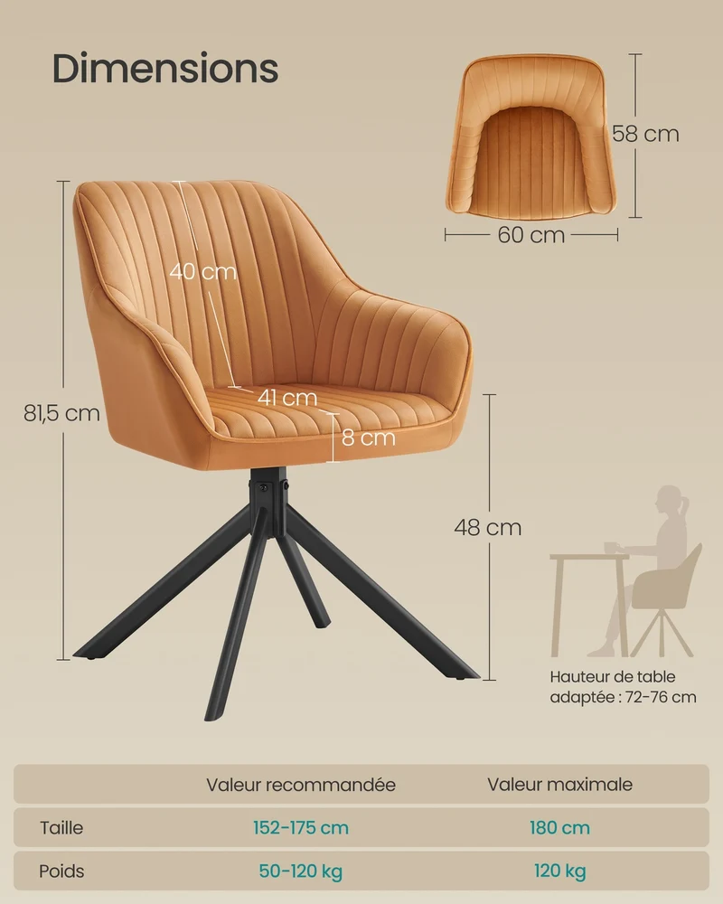 Lot de 4 chaise de salle à manger pivotante design en velours confort 58 x 60 x 81,5 cm en acier marron caramel 12_0012963
