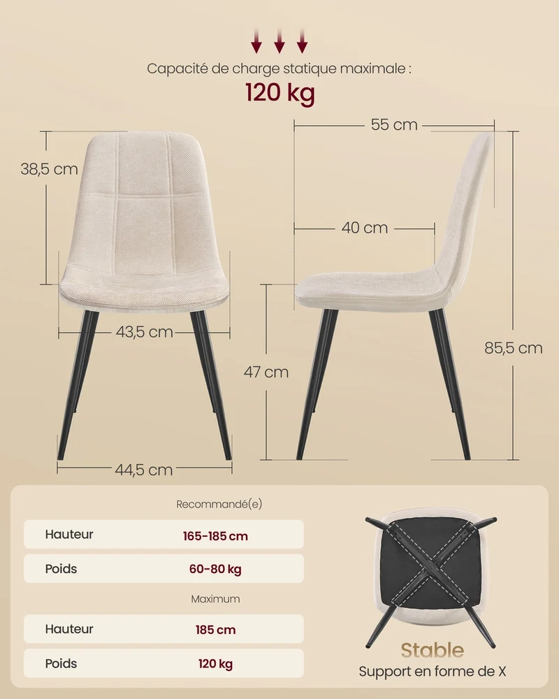 Lot de 2 chaises de salle à manger ergonomiques confortables 55 x 43,5 x 85,5 cm en tissu chenille blanc crème 12_0012950