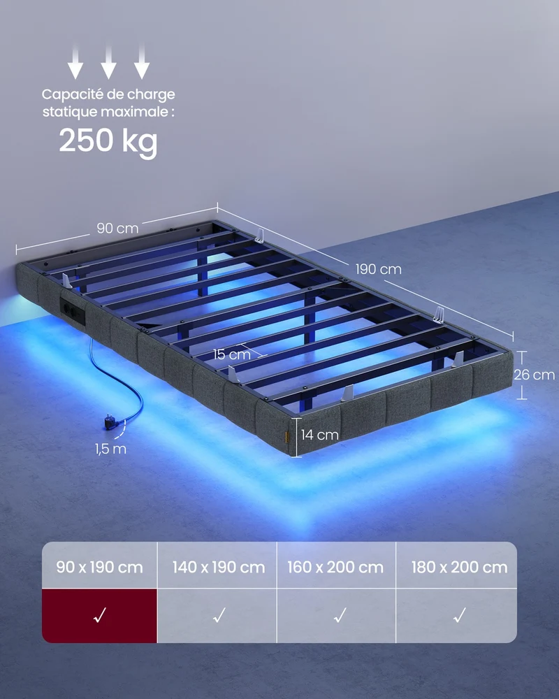 Lit flottant 140 x 190 cm avec éclairage LED ambiance cosy en mousse gris ardoise 12_0012898