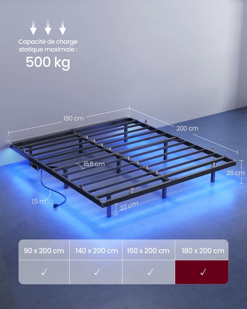 Lit flottant moderne avec éclairage intégré 200 x 180 x 26 cm capacité 500 kg en acier noir 12_0012653