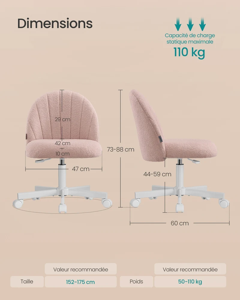 Chaise de bureau réglable ergonomique hauteur 60 x 60 x 88 cm confort assise moelleuse contemporaine en acier rose bonbon 12_0012557