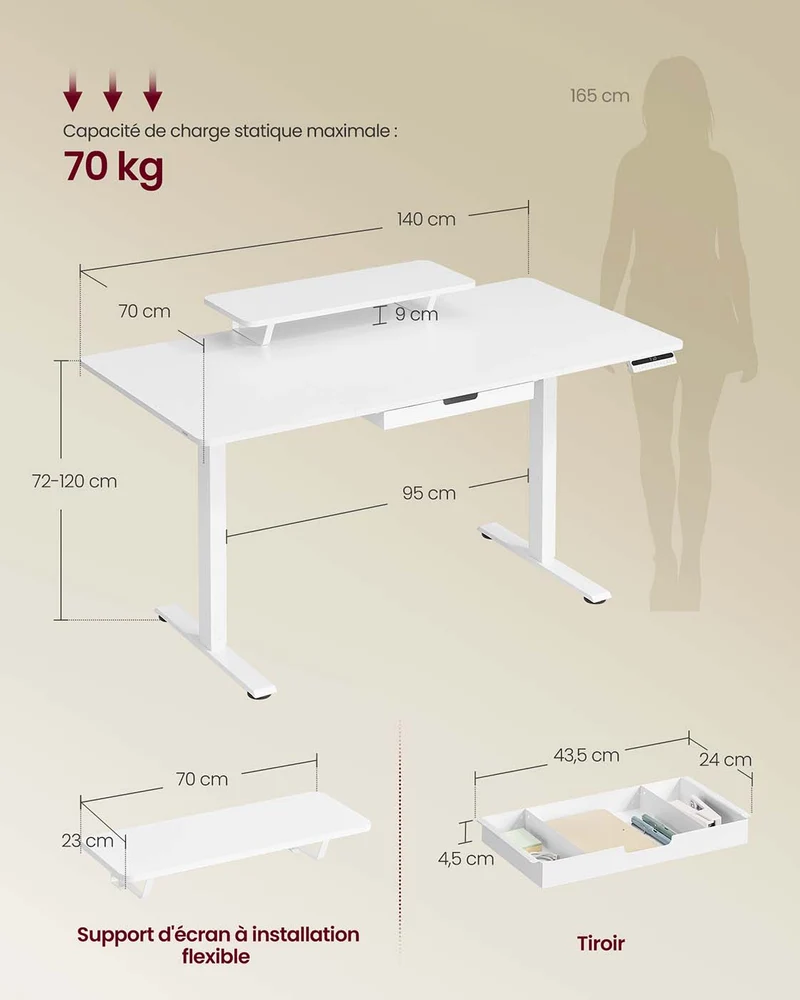 Bureau électrique réglable en hauteur 140 x 70 cm avec tiroir et port USB pour télétravail en aggloméré blanc 12_0012073