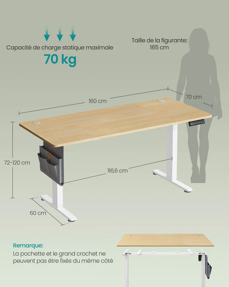 Bureau électrique assis-debout réglable en hauteur 70 x 160 x 72-120 cm avec pochette de rangement style contemporain en aggloméré doré chêne 12_0011849