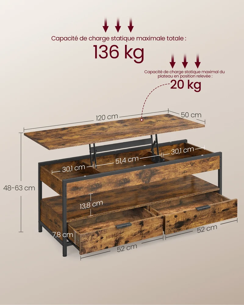 Table basse rectangulaire avec plateau relevable et rangement ouvert 50 x 120 x 63 cm style moderne en bois marron 12_0011694