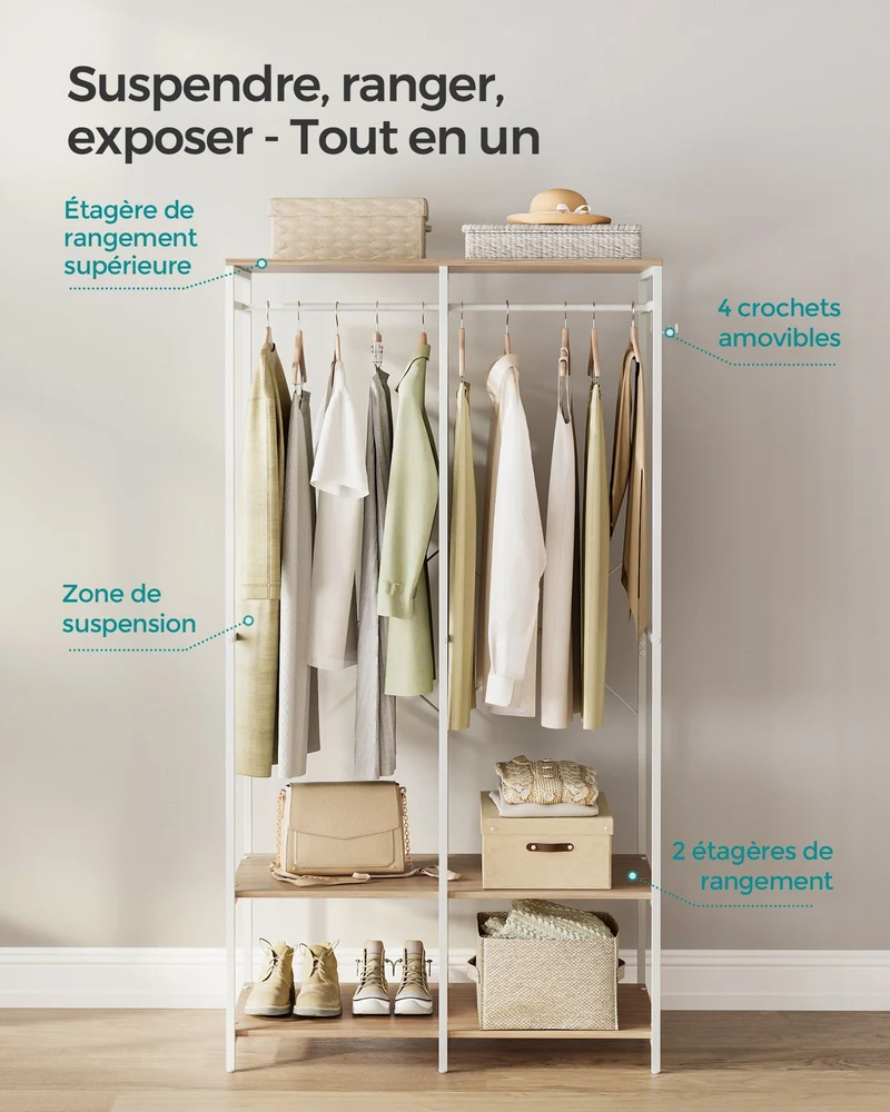 Armoire de rangement portable avec étagères et tringle 40 x 94,5 x 180 cm style moderne en aggloméré beige 12_0011401