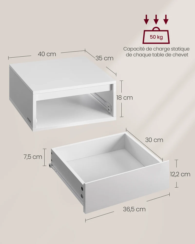 Lot de 2 tables de chevet suspendues modernes 35 x 40 x 18 cm avec tiroir et étagère pour chambre en MDF blanc 12_0011393
