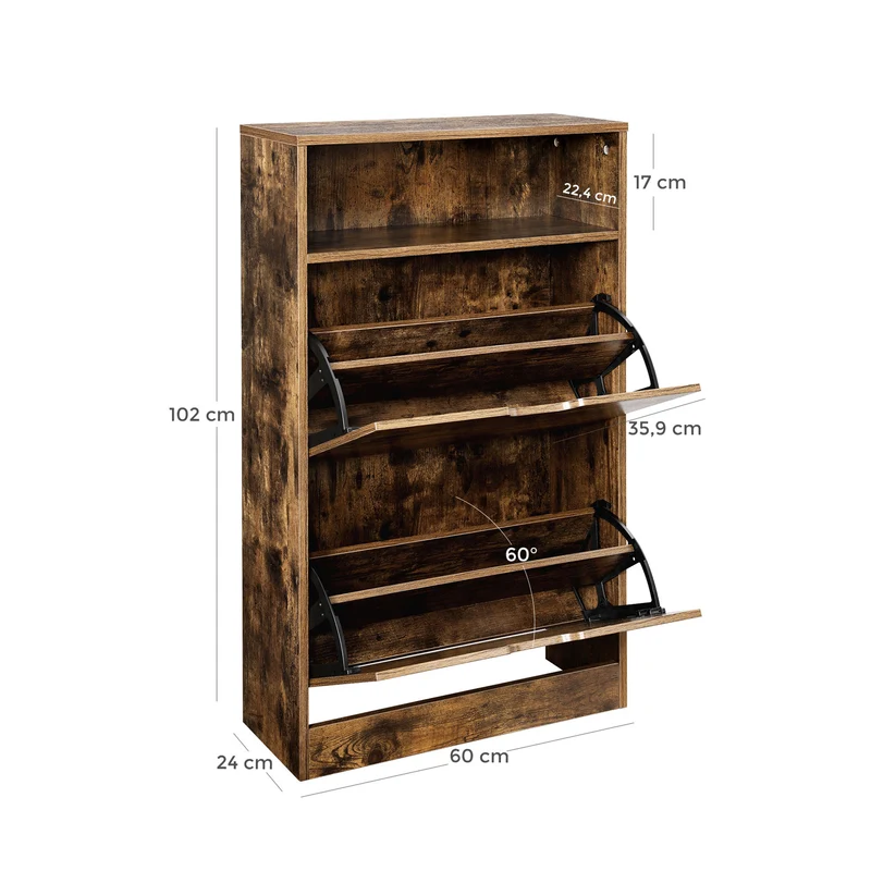 Meuble à chaussures 3 niveaux avec 1 compartiment ouvert 60 x 24 x 102 cm pratique et facile à nettoyer en mélaminé marron 12_0010250