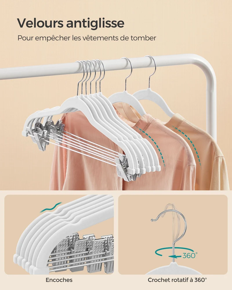 Lot de 12 cintres en velours antiglisse 42,5 x 23,5 cm gain de place pour costumes manteaux en plastique blanc 12_0010246