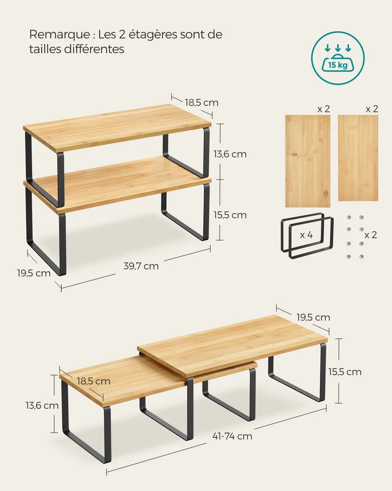 Lot de 4 étagères empilables rangement cuisine 19,5 x 39,7 x 15,5 cm en bois d'ingénierie noir 12_0010149