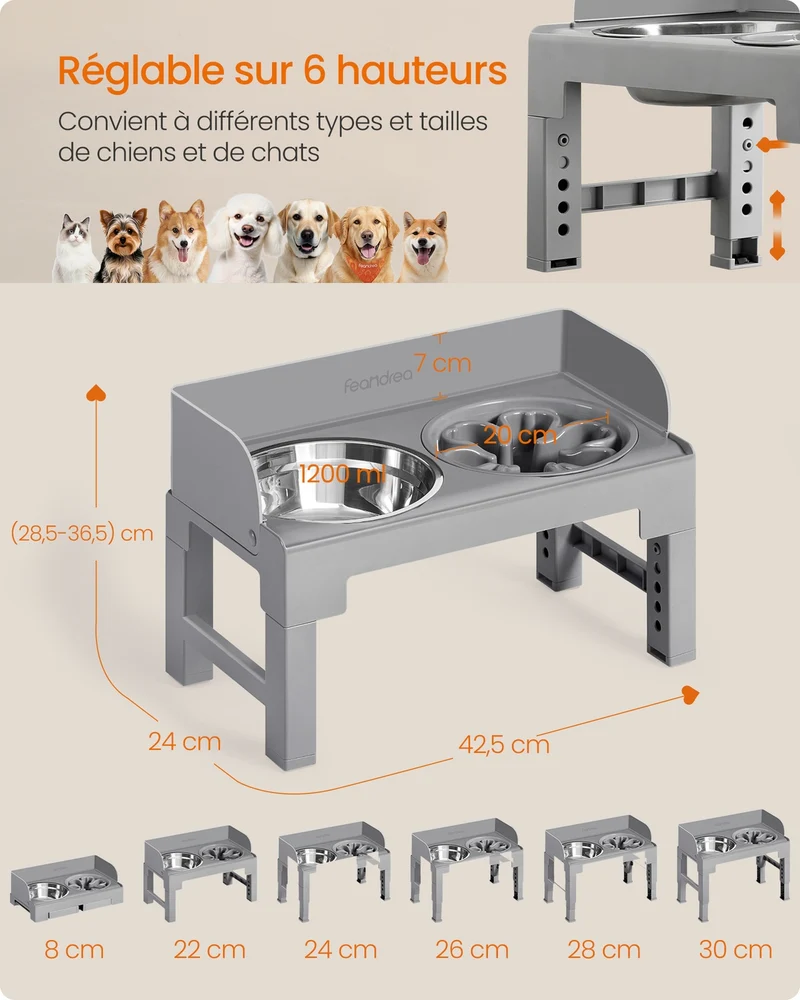 Lot de 2 gamelles surélevées ajustables en hauteur inclinables 30 x 20 x 15 cm design moderne en acier inoxydable gris 12_0013038