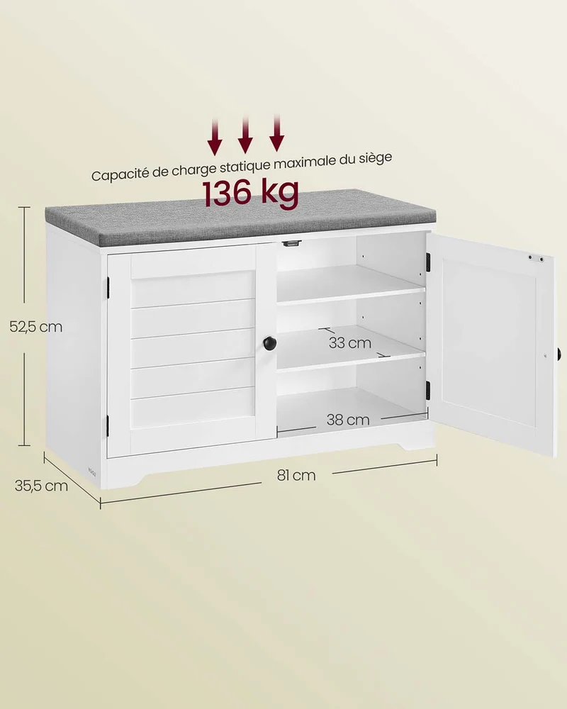 Banc à chaussures de rangement avec coussin 35,5 x 81 x 52,5 cm pour entrée chambre style contemporain en MDF blanc 12_0013026