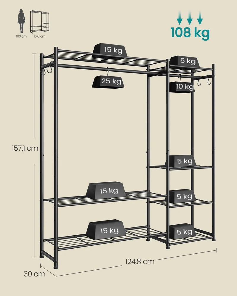 Portant à vêtements ouvert avec 7 étagères 30 x 124,8 x 157,1 cm pratique moderne pour chambre salon entrée en acier noir 12_0012509