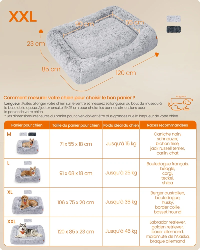 Panier pour chien ergonomique avec bords surélevés 120 x 85 x 23 cm en peluche gris foncé 12_0012416