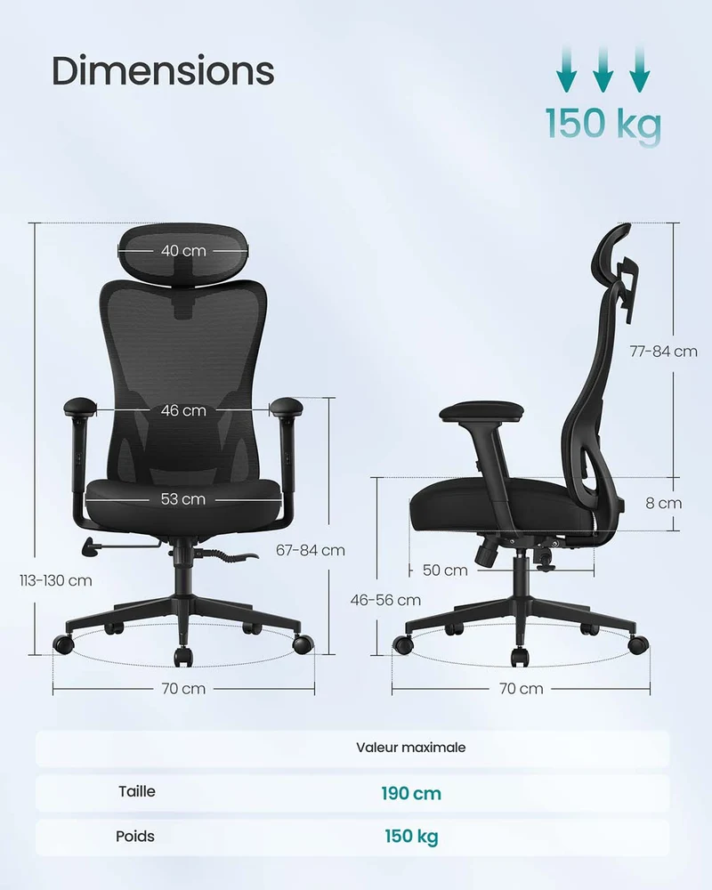 Chaise de bureau ergonomique réglable hauteur 70 x 70 x 136 cm soutien lombaire appui-tête design moderne en plastique noir 12_0012412