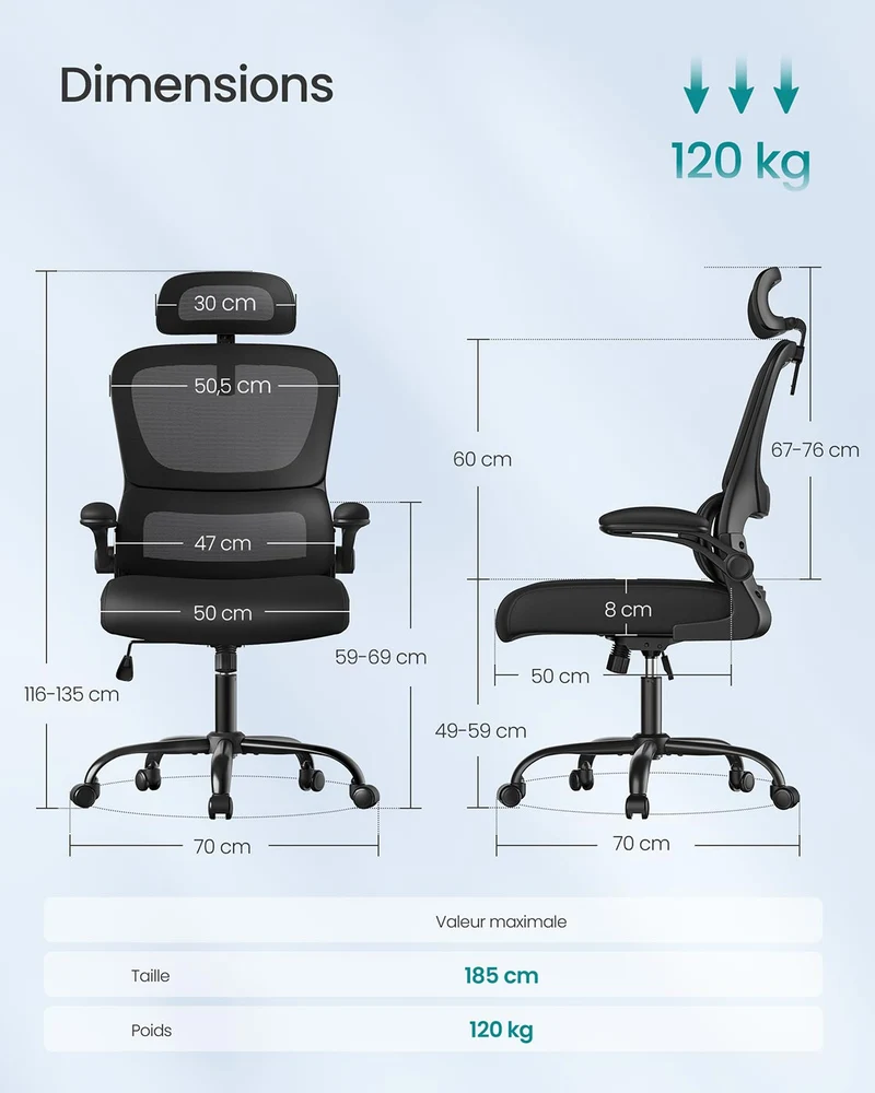 Chaise de bureau ergonomique réglable avec accoudoirs rabattables 64 x 71,5 x 135 cm en tissu polyester noir 12_0012337