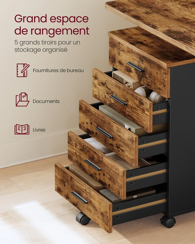 Caisson de bureau à roulettes rangement 40 x 42 x 65,7 cm pratique et élégant style rustique en aggloméré marron 12_0012109
