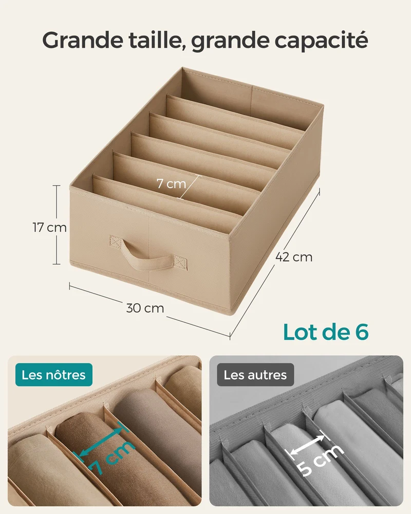 Lot de 6 organisateurs à 6 compartiments 42 x 30 x 17 cm pratique rangement salle de bain bureau en tissu beige sable 12_0012087