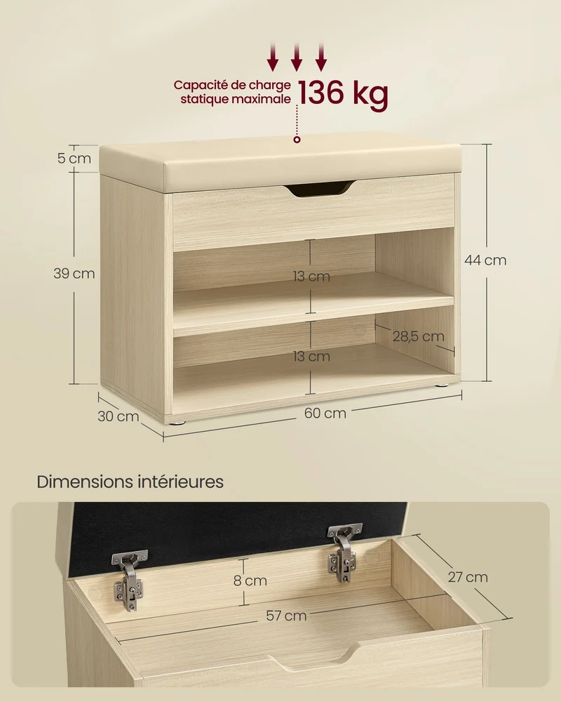 Banc à chaussures avec assise rembourrée 30 x 60 x 44 cm pour entrée chambre salon style contemporain en aggloméré beige naturel 12_0011733