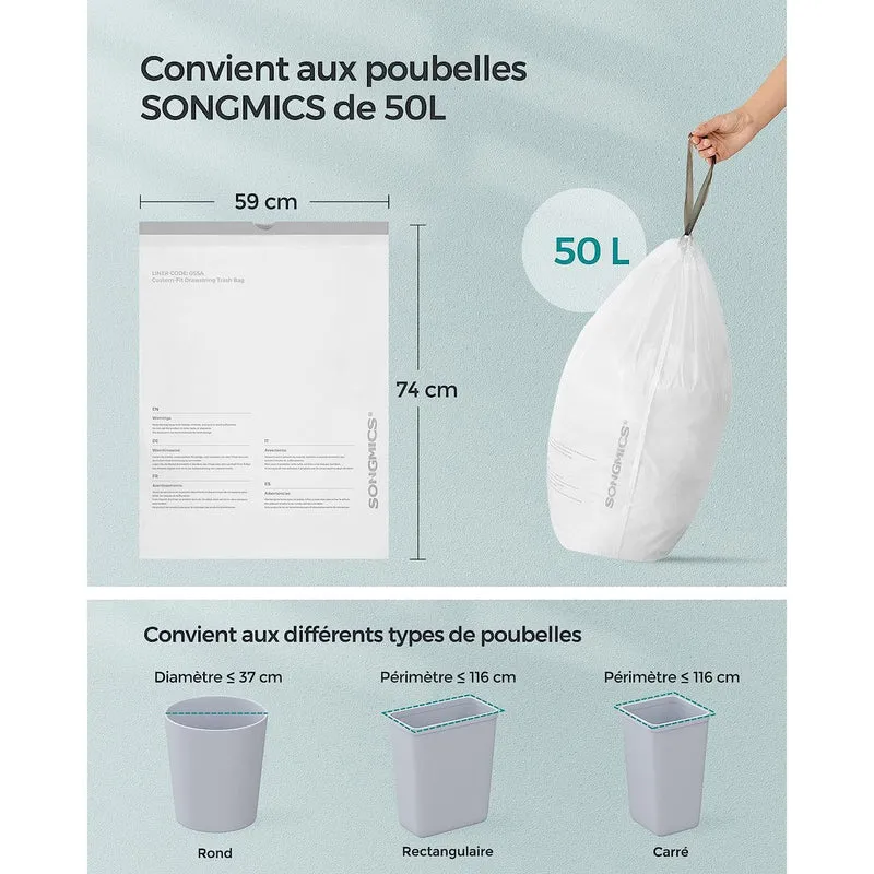Lot de 80 sacs poubelle avec cordon de serrage 59 x 74 cm capacité 50L utilisation cuisine en plastique blanc 12_0010450