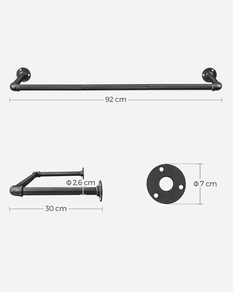 Lot de 2 portants à vêtements muraux gain de place 92 x 30 x 7,5 cm installation facile design industriel en acier noir 12_0009827