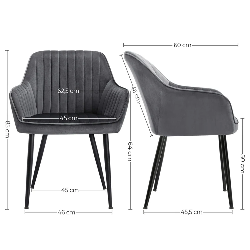 Lot de 6 chaises de salle à manger rembourrée avec accoudoirs 60 x 62,5 x 85 cm confort ergonomique design moderne en velours gris 12_0009321