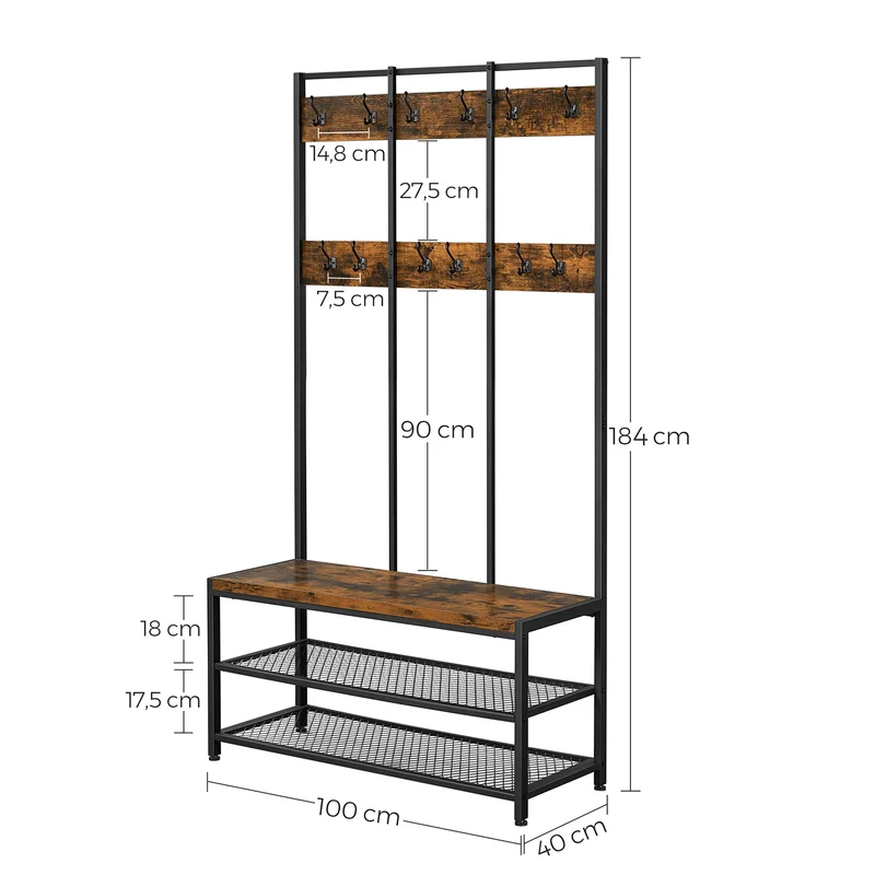 Porte-manteaux avec banc à chaussures 100 x 40 x 184 cm capacité 90 kg style industriel déco entrée en aggloméré brun 12_0008346