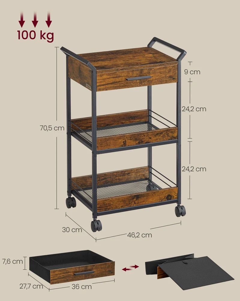 Chariot de rangement 3 niveaux chariot à roulette panneau d'aggloméré avec frein tiroir supérieur étagères pour cuisine salle de bain chambre marron rustique et noir d'encre lrc048k01 12_0005009