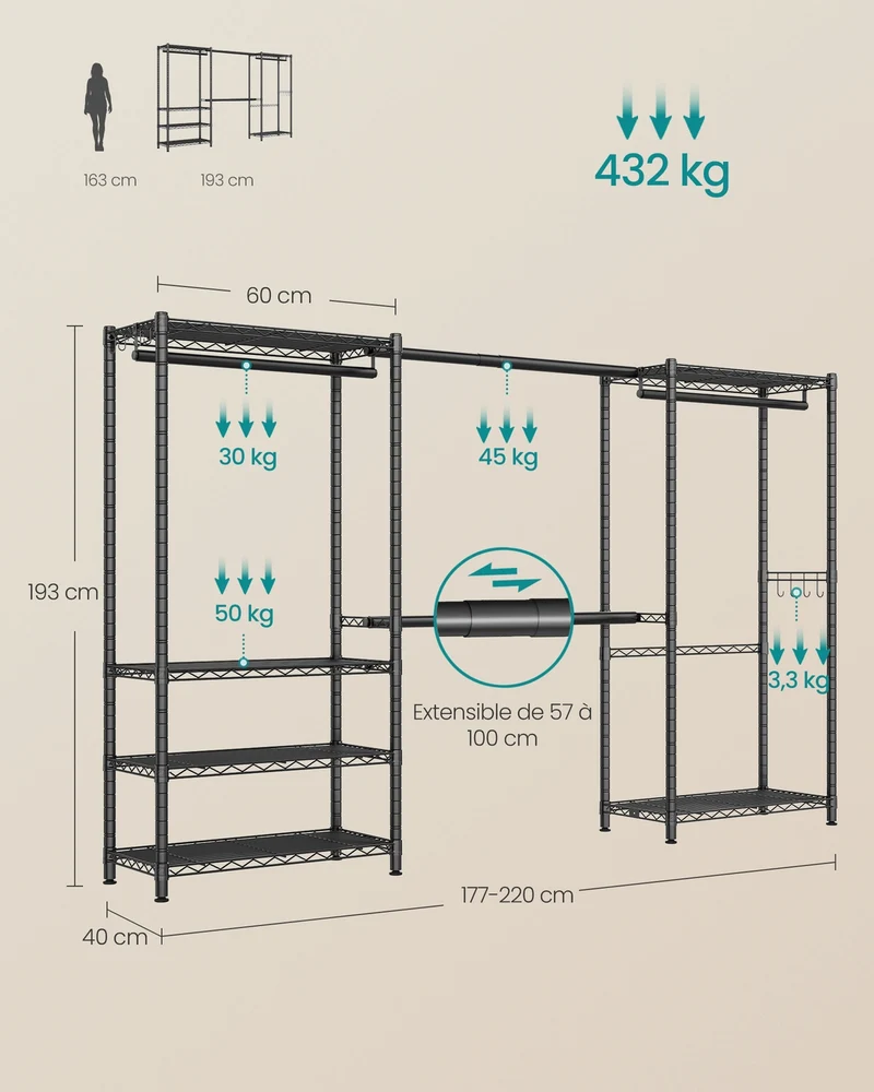 Portant à vêtements penderie télescopique avec étagères réglables 40 x 177-220 x 193 cm en acier noir 12_0013079