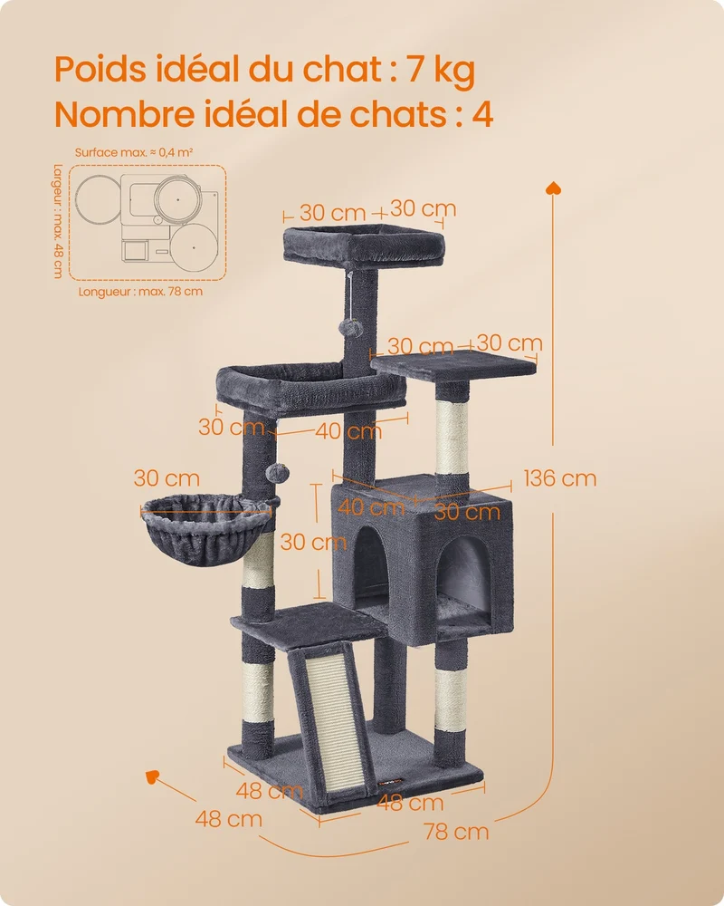 Arbre à chat tour avec 3 grandes plateformes et 1 niche 48 x 48 x 136 cm en sisal gris foncé 12_0012882