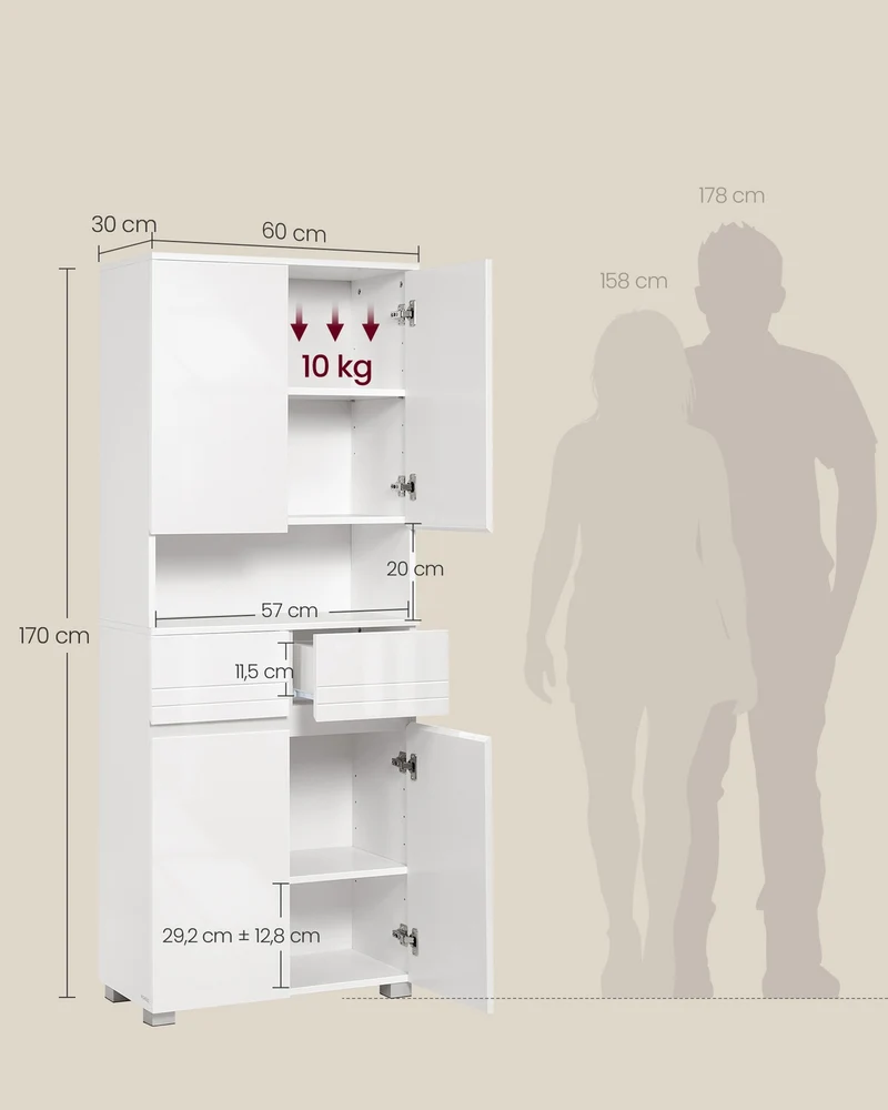 Armoire colonne de salle de bain avec tiroir et étagères réglables 30 x 60 x 170 cm en MDF blanc 12_0012758