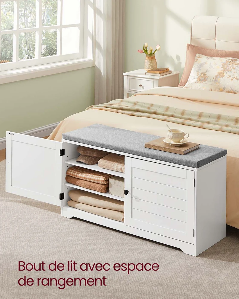 Banc à chaussures design moderne 35,5 x 101 x 52,5 cm avec coussin confortable pour entrée chambre en MDF blanc 12_0012453