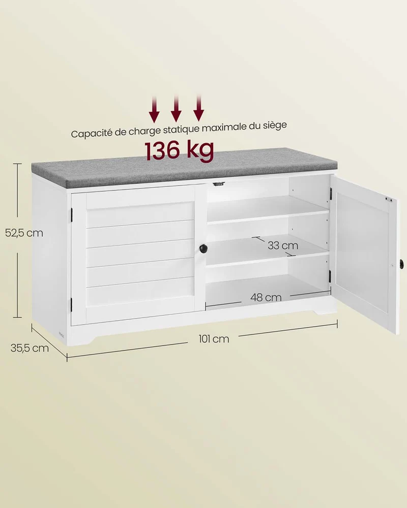 Banc à chaussures design moderne 35,5 x 101 x 52,5 cm avec coussin confortable pour entrée chambre en MDF blanc 12_0012453