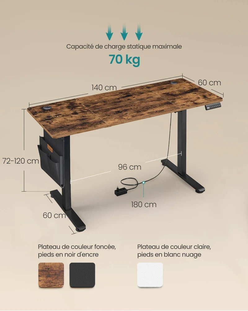 Bureau assis-debout réglable en hauteur 60 x 140 x 72-120 cm avec pochette de rangement style moderne en acier noir 12_0011507