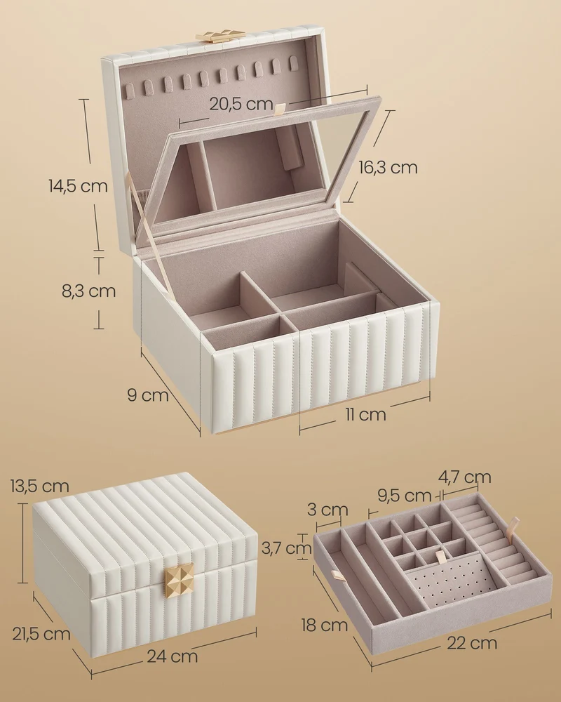Boîte à bijoux à 3 étages avec miroir 21,5 x 24 x 13,5 cm design élégant pratique en PU blanc 12_0011245